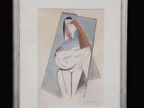 painting of a woman sitting on a toilet in a white frame