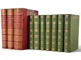 several books are lined up in a row on a white surface
