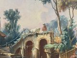 a painting of a man and a woman on a bridge
