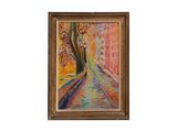 a painting of a street with trees and buildings in the background
