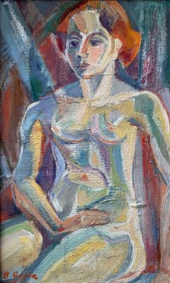 an oil painting of a woman sitting in a chair with her hands on her knees