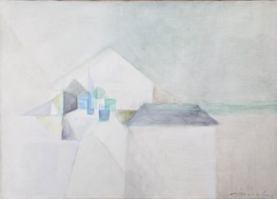 une image représentant un tableau d'un bâtiment blanc au toit bleu