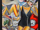 painting of a woman in a bathing suit and hat talking on a cell phone