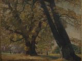 une image représentant un tableau montrant deux grands arbres dans un parc