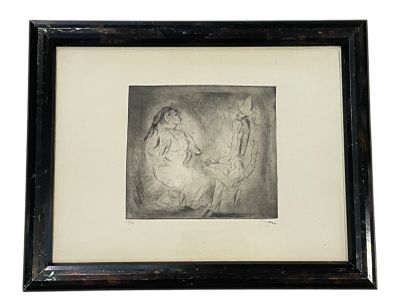 an old black and white drawing of a woman sitting on a chair