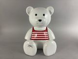 a white teddy bear with a red and white striped shirt