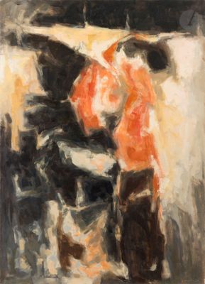 une peinture à l'huile représentant un homme assis sur une chaise, avec un parapluie au-dessus de la tête