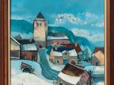 an oil painting of a village in the snow with a clock tower