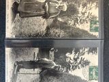 two old black and white photos of a man and a woman sitting on a bench