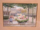 un tableau représentant une femme poussant un chariot rempli de fleurs