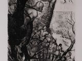 an image of a black and white drawing of a man on a tree