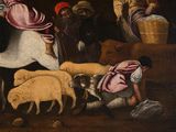 a painting of a man on a horse with a bunch of sheep