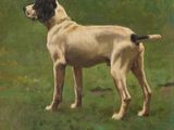 a painting of a dog that is standing in the grass