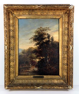 une peinture d'un paysage avec des arbres et une rivière au premier plan