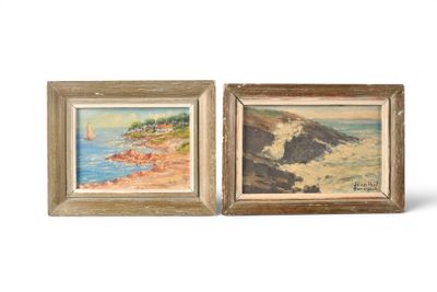 two framed paintings of a beach scene with rocks and water