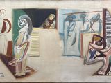 tableau représentant une femme assise sur une chaise devant un miroir