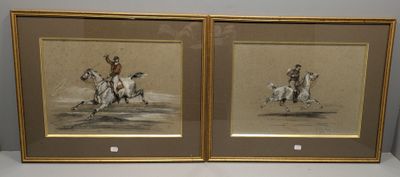deux reproductions encadrées représentant un homme à cheval et une femme à cheval