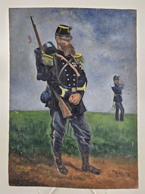 tableau représentant un homme en uniforme tenant un fusil dans un champ