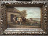une photo d'un tableau représentant des chevaux devant une grange
