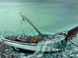a painting of a boat that is sitting on the shore