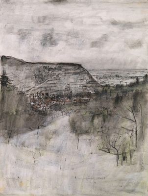 une image représentant un dessin d'une montagne avec des arbres au premier plan