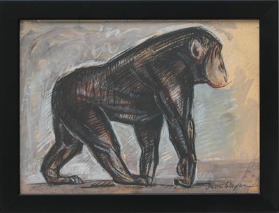 painting of a monkey in a black frame on a white background