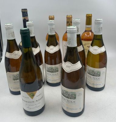 several bottles of wine are lined up on a table