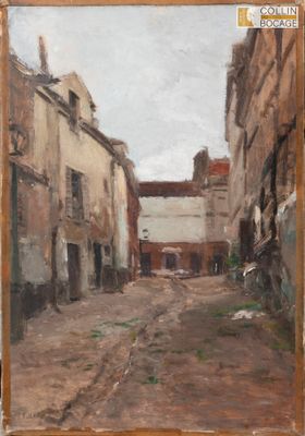 tableau représentant une scène de rue avec des bâtiments et une voiture au loin