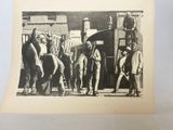 a drawing of a group of men standing around a horse