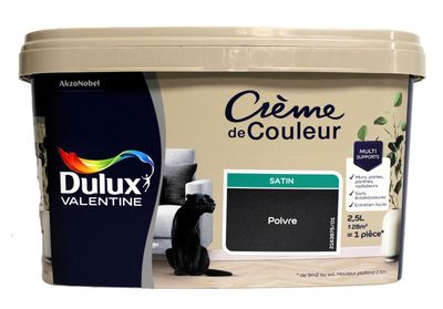 a tub of paint with a black cat sitting next to it
