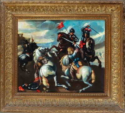 painting of a group of men on horses with a flag