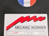 a sticker that says mechanic worker next to a sticker with a picture of a red arrow