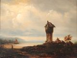 une image représentant un tableau d'un château situé sur une colline au bord de la mer