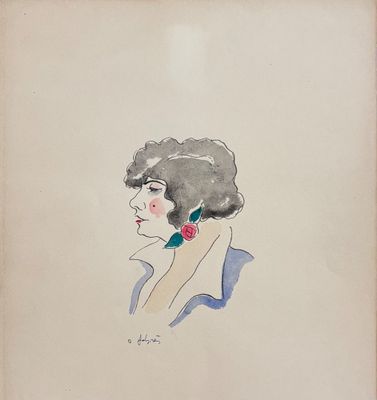 drawing of a woman in a blue dress with a flower in her hair