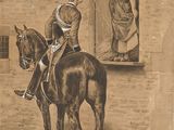 tableau représentant un homme à cheval devant un bâtiment