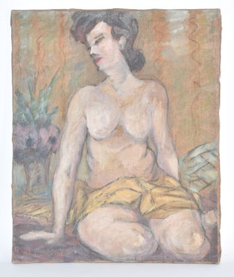 tableau représentant une femme nue assise sur un lit, avec un vase de fleurs en arrière-plan