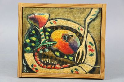 peinture représentant un oiseau posé sur une assiette, une fleur dans le bec