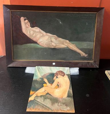 tableau représentant une femme nue allongée sur un canapé, à côté d'un tableau représentant un homme nu