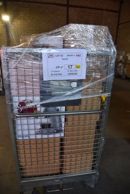 a metal cart with a sign on it in a warehouse