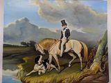 a painting of a man riding a horse with a dog