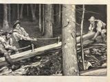 a black and white drawing of a group of men working in the woods