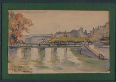 a painting of a bridge over a river with a castle in the background