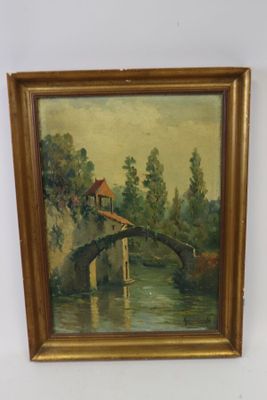 une peinture à l'huile représentant un pont sur une rivière avec une maison à l'arrière-plan