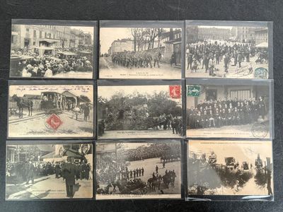 several old black and white photographs of a parade with horses and carriages