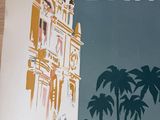 a poster of a city with palm trees and a clock tower