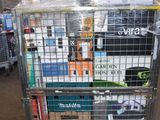 a metal cart with many books on it in a warehouse
