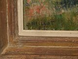 an image of a painting of a field with trees in the background