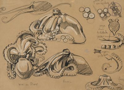 drawings of various objects on a piece of brown paper