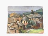 a painting of a small town on a hill