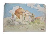 an image of a painting of a building on a hill